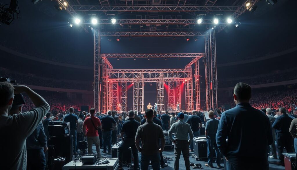 road crew setting up stage road crew setting up stage